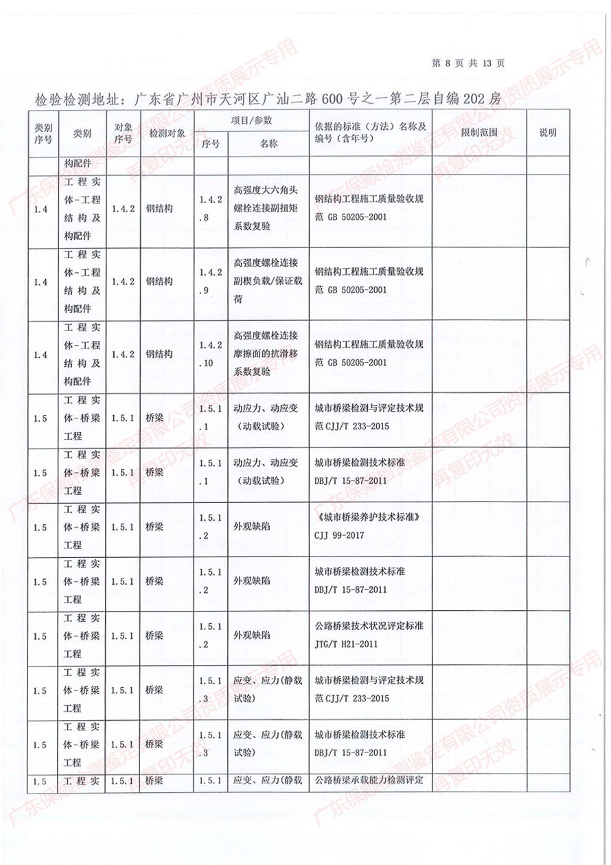 保顺检测鉴定CMA计量认证证书附表