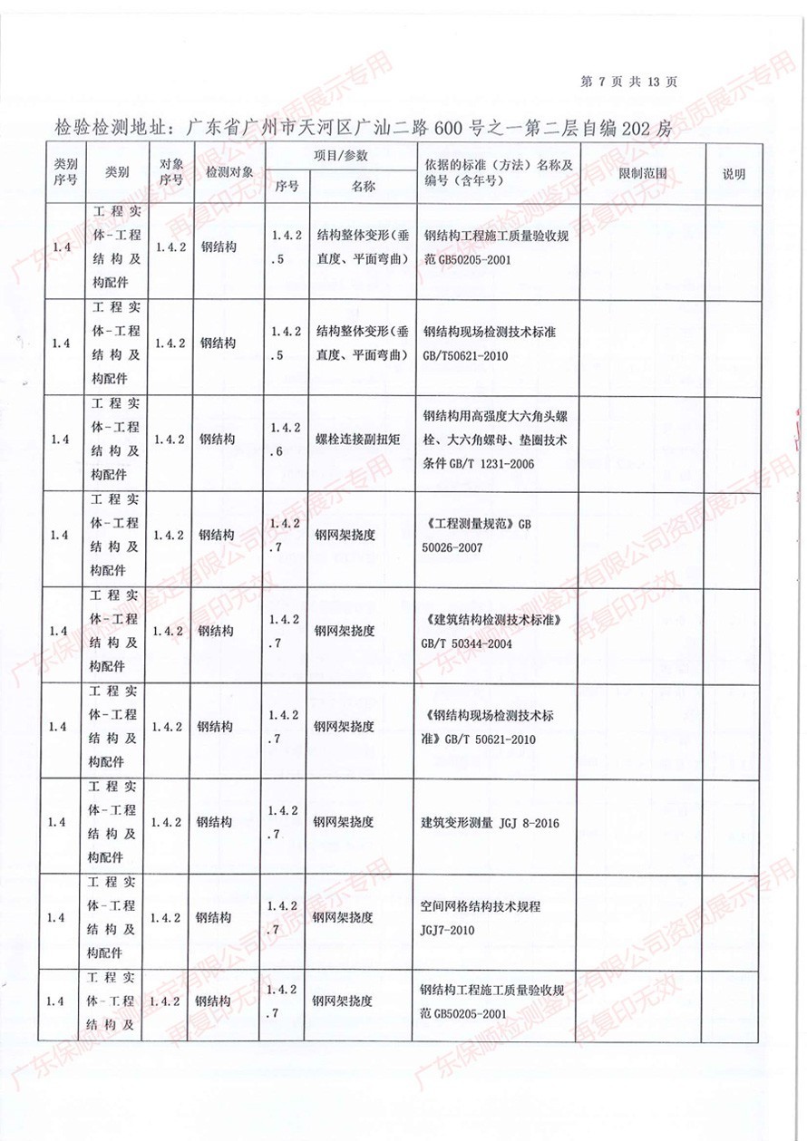 保顺检测鉴定CMA计量认证证书附表