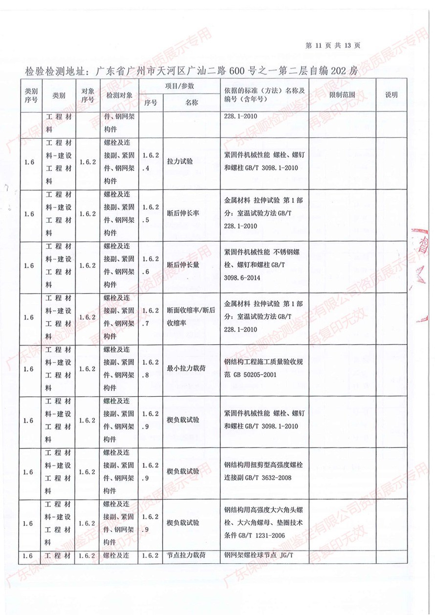 保顺检测鉴定CMA计量认证证书附表